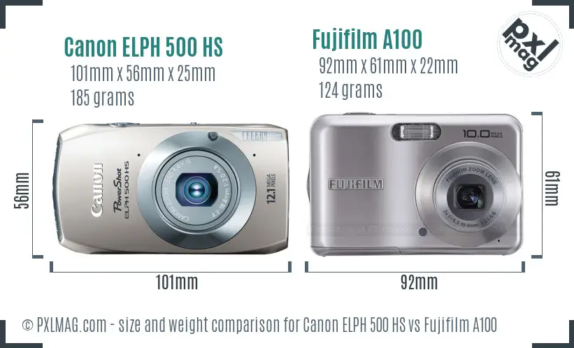 Canon ELPH 500 HS vs Fujifilm A100 size comparison Canon ELPH 500 HS vs Fujifilm A100 size comparison