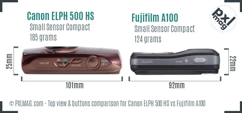 Canon ELPH 500 HS vs Fujifilm A100 top view buttons comparison Canon ELPH 500 HS vs Fujifilm A100 top view buttons comparison