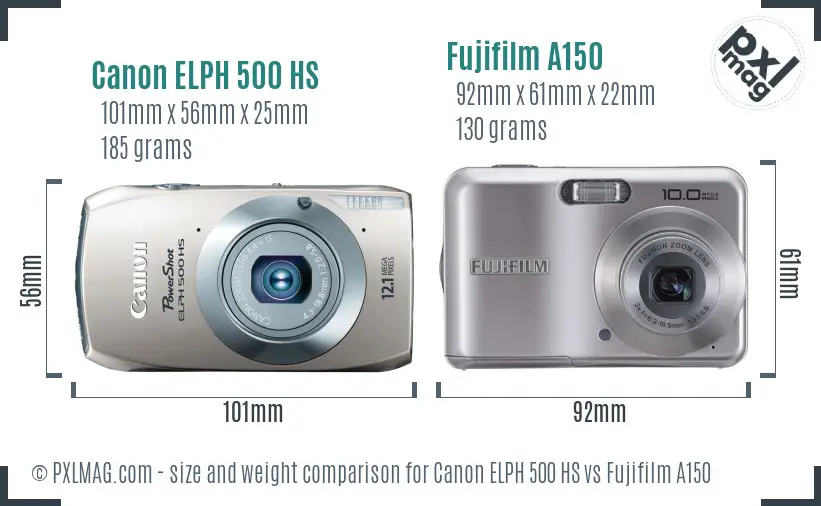 Canon ELPH 500 HS vs Fujifilm A150 size comparison