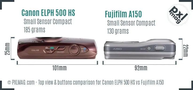 Canon ELPH 500 HS vs Fujifilm A150 top view buttons comparison