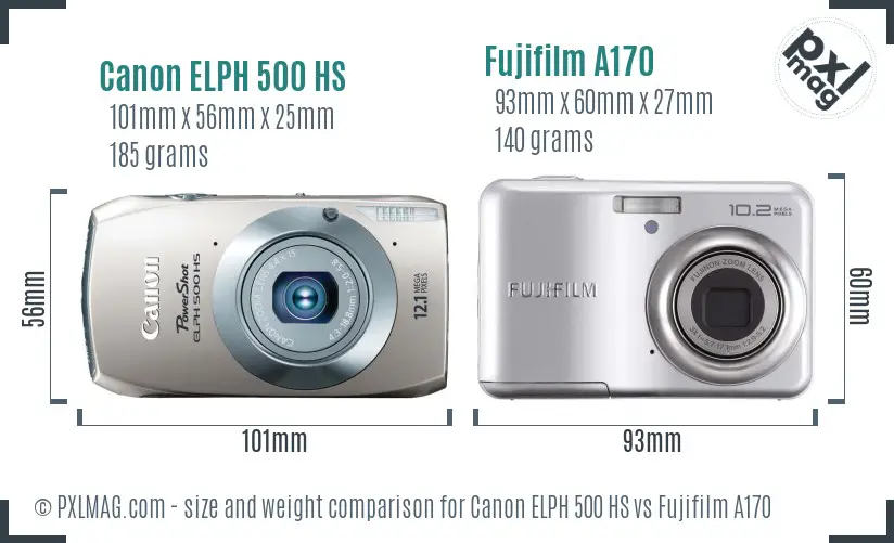 Canon ELPH 500 HS vs Fujifilm A170 size comparison