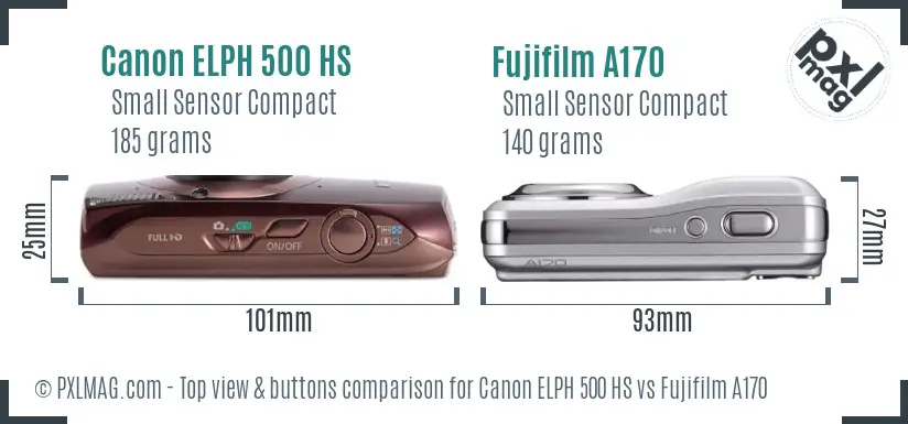 Canon ELPH 500 HS vs Fujifilm A170 top view buttons comparison