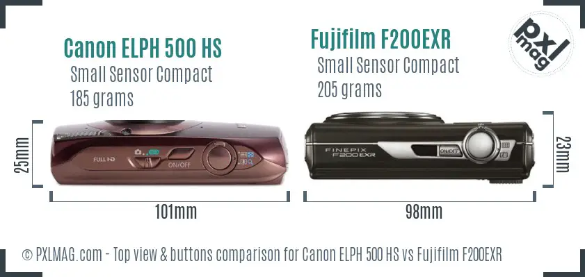 Canon ELPH 500 HS vs Fujifilm F200EXR top view buttons comparison