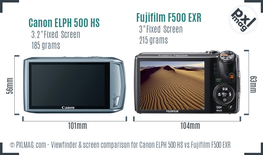 Canon ELPH 500 HS vs Fujifilm F500 EXR Screen and Viewfinder comparison