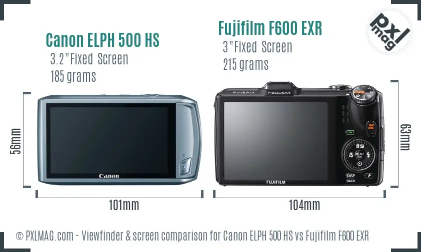 Canon ELPH 500 HS vs Fujifilm F600 EXR Screen and Viewfinder comparison