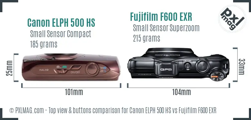 Canon ELPH 500 HS vs Fujifilm F600 EXR top view buttons comparison