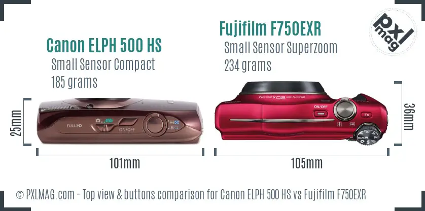 Canon ELPH 500 HS vs Fujifilm F750EXR top view buttons comparison Canon ELPH 500 HS vs Fujifilm F750EXR top view buttons comparison