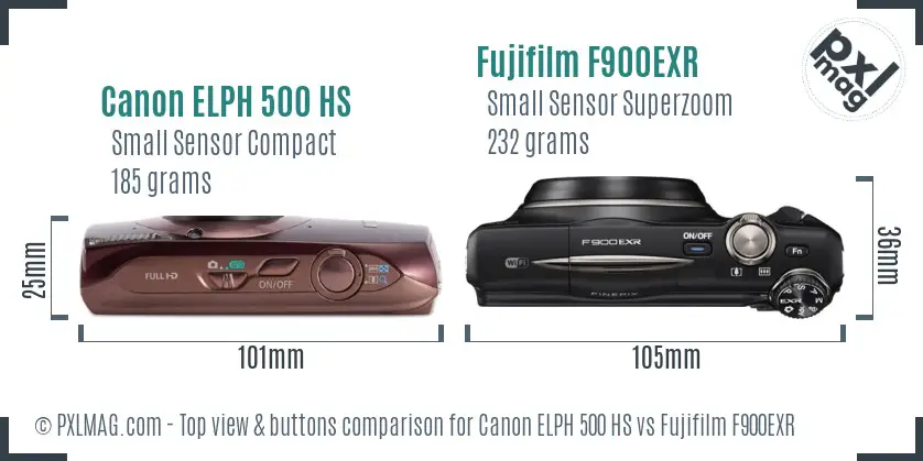 Canon ELPH 500 HS vs Fujifilm F900EXR top view buttons comparison
