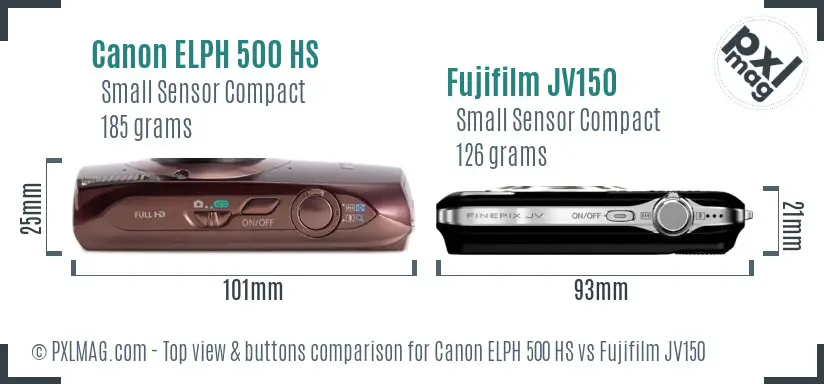 Canon ELPH 500 HS vs Fujifilm JV150 top view buttons comparison