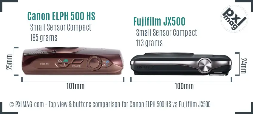 Canon ELPH 500 HS vs Fujifilm JX500 top view buttons comparison Canon ELPH 500 HS vs Fujifilm JX500 top view buttons comparison