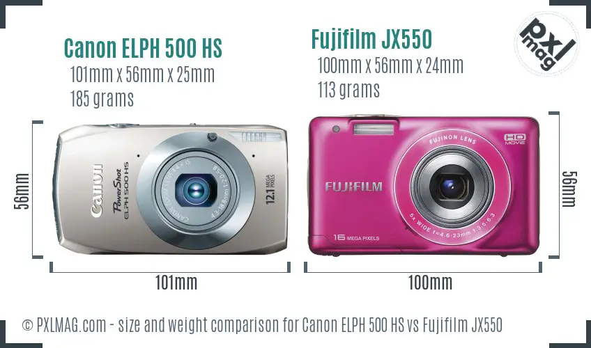 Canon ELPH 500 HS vs Fujifilm JX550 size comparison