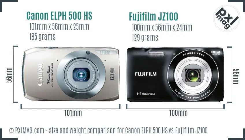Canon ELPH 500 HS vs Fujifilm JZ100 size comparison