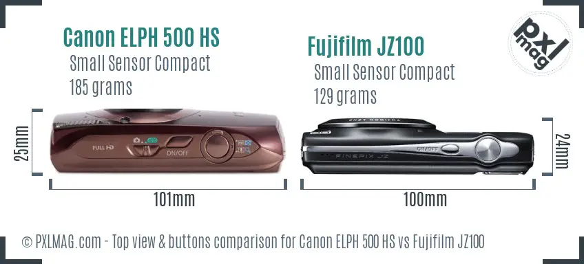 Canon ELPH 500 HS vs Fujifilm JZ100 top view buttons comparison