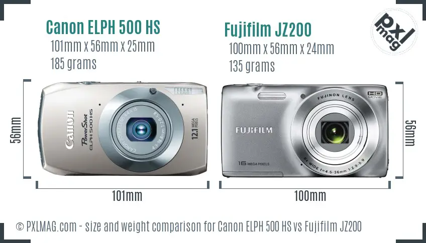 Canon ELPH 500 HS vs Fujifilm JZ200 size comparison