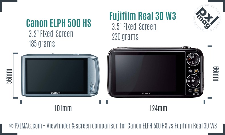Canon ELPH 500 HS vs Fujifilm Real 3D W3 Screen and Viewfinder comparison