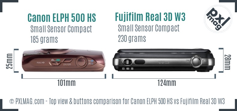 Canon ELPH 500 HS vs Fujifilm Real 3D W3 top view buttons comparison