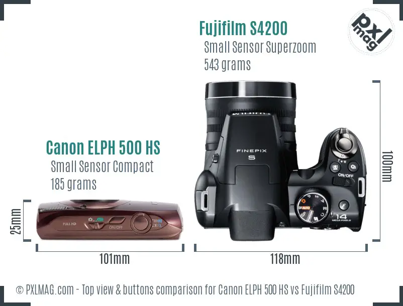 Canon ELPH 500 HS vs Fujifilm S4200 top view buttons comparison