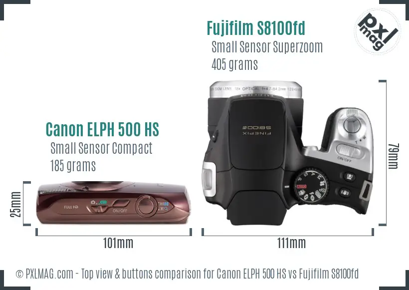 Canon ELPH 500 HS vs Fujifilm S8100fd top view buttons comparison Canon ELPH 500 HS vs Fujifilm S8100fd top view buttons comparison