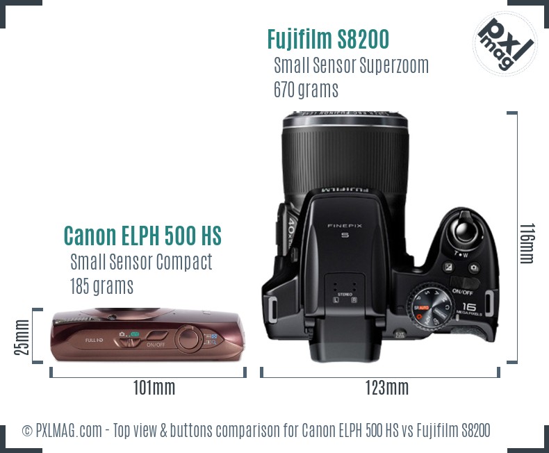 Canon ELPH 500 HS vs Fujifilm S8200 top view buttons comparison