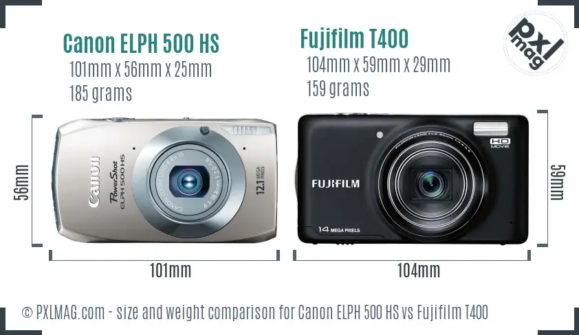 Canon ELPH 500 HS vs Fujifilm T400 size comparison