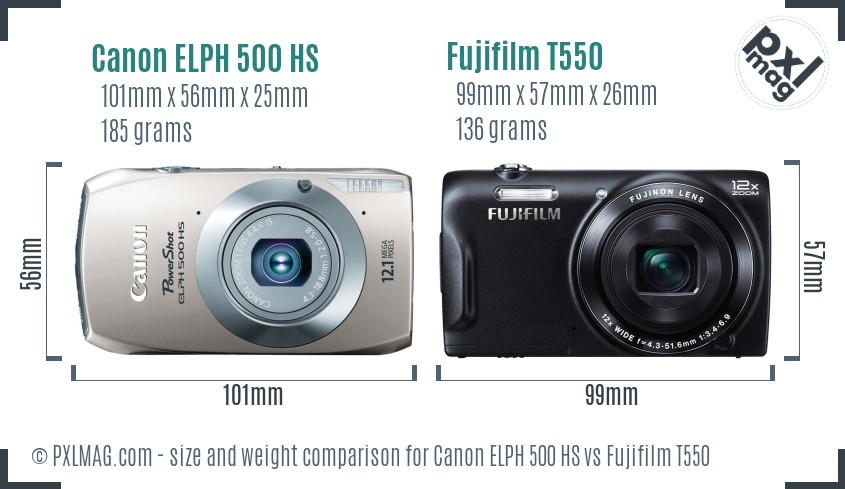 Canon ELPH 500 HS vs Fujifilm T550 size comparison Canon ELPH 500 HS vs Fujifilm T550 size comparison