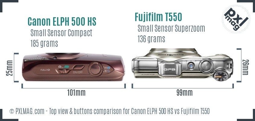 Canon ELPH 500 HS vs Fujifilm T550 top view buttons comparison