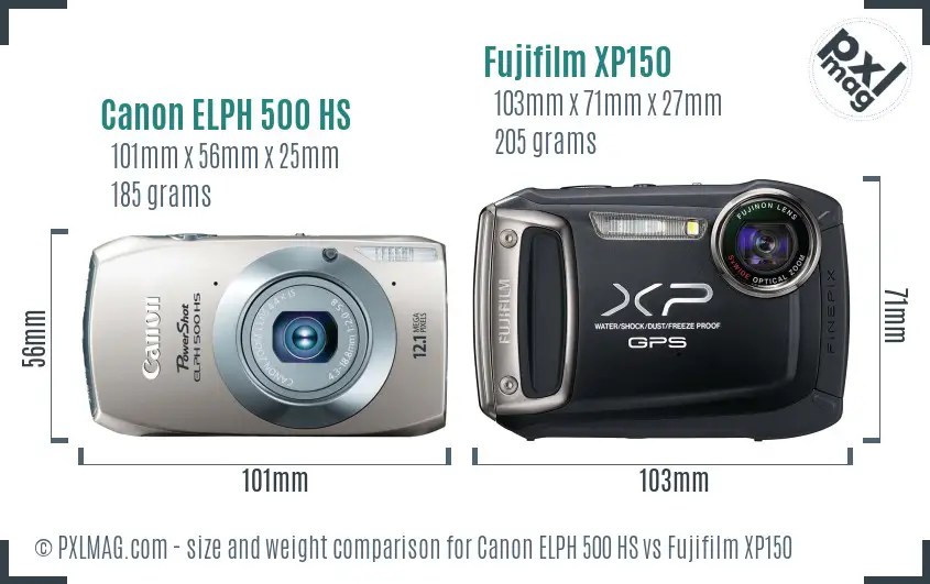 Canon ELPH 500 HS vs Fujifilm XP150 size comparison
