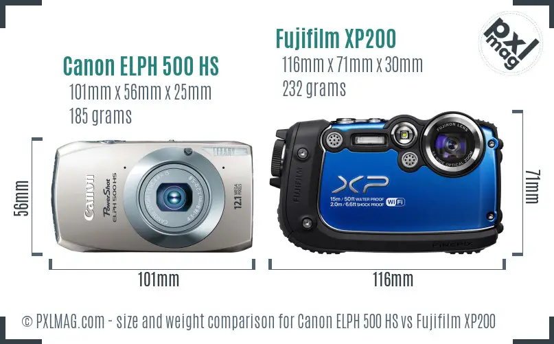 Canon ELPH 500 HS vs Fujifilm XP200 size comparison Canon ELPH 500 HS vs Fujifilm XP200 size comparison