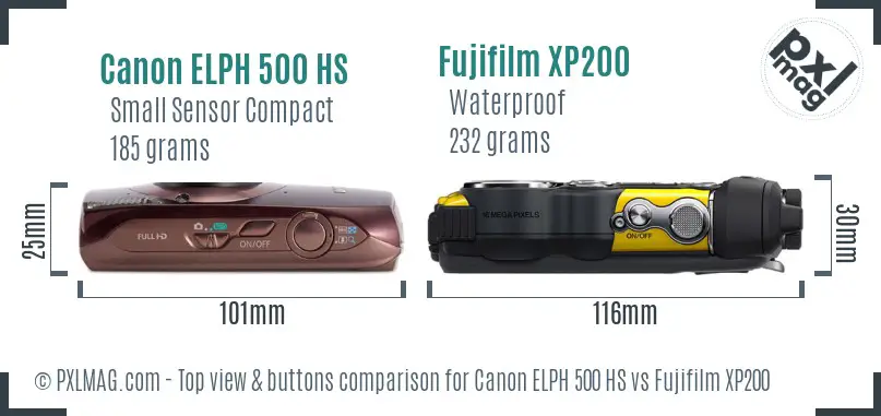 Canon ELPH 500 HS vs Fujifilm XP200 top view buttons comparison Canon ELPH 500 HS vs Fujifilm XP200 top view buttons comparison