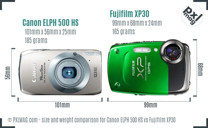 Canon ELPH 500 HS vs Fujifilm XP30 size comparison Canon ELPH 500 HS vs Fujifilm XP30 size comparison