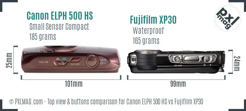 Canon ELPH 500 HS vs Fujifilm XP30 top view buttons comparison Canon ELPH 500 HS vs Fujifilm XP30 top view buttons comparison