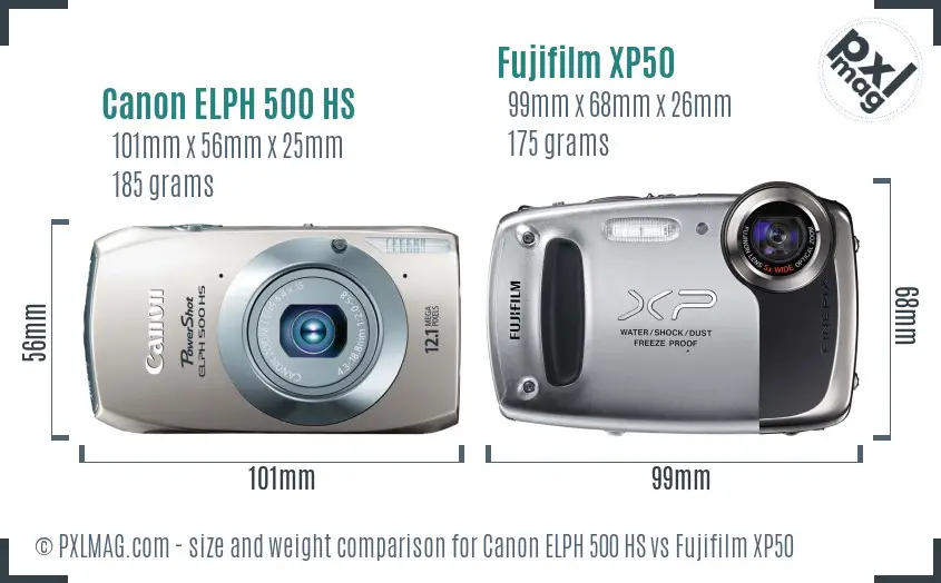 Canon ELPH 500 HS vs Fujifilm XP50 size comparison Canon ELPH 500 HS vs Fujifilm XP50 size comparison