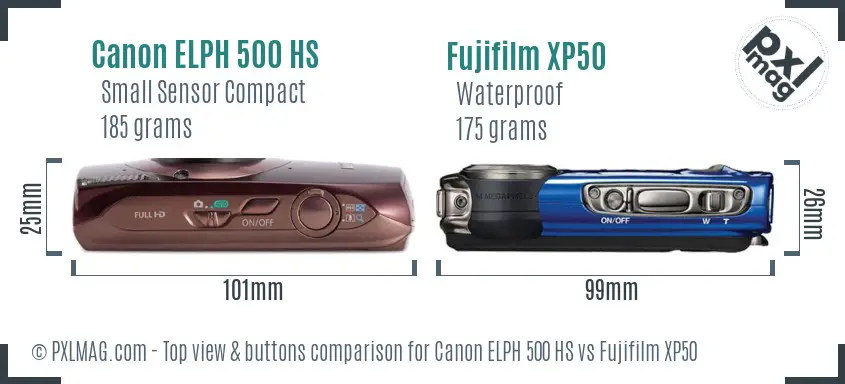 Canon ELPH 500 HS vs Fujifilm XP50 top view buttons comparison Canon ELPH 500 HS vs Fujifilm XP50 top view buttons comparison
