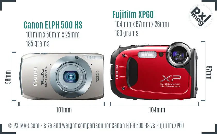 Canon ELPH 500 HS vs Fujifilm XP60 size comparison