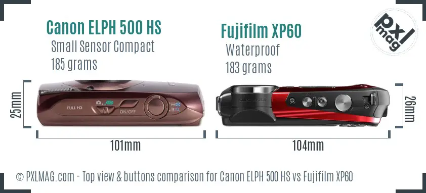 Canon ELPH 500 HS vs Fujifilm XP60 top view buttons comparison