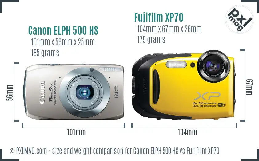Canon ELPH 500 HS vs Fujifilm XP70 size comparison