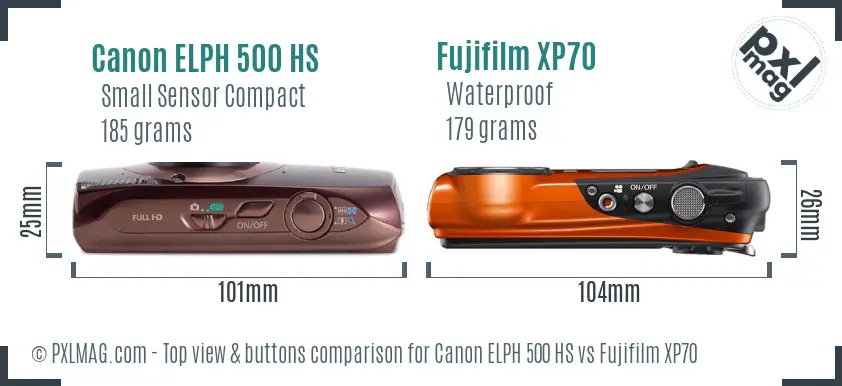 Canon ELPH 500 HS vs Fujifilm XP70 top view buttons comparison
