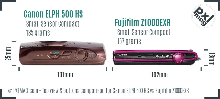 Canon ELPH 500 HS vs Fujifilm Z1000EXR top view buttons comparison