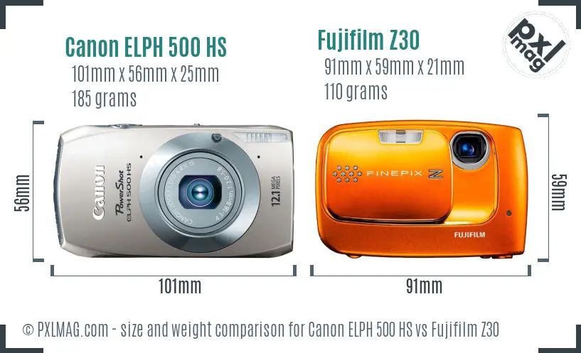 Canon ELPH 500 HS vs Fujifilm Z30 size comparison