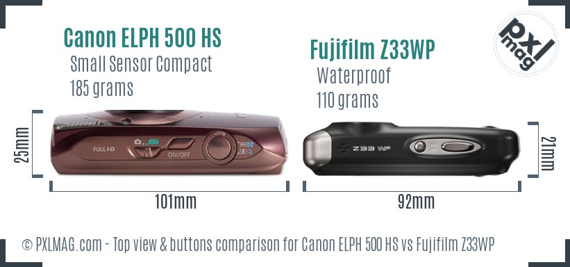 Canon ELPH 500 HS vs Fujifilm Z33WP top view buttons comparison