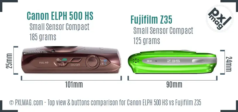 Canon ELPH 500 HS vs Fujifilm Z35 top view buttons comparison Canon ELPH 500 HS vs Fujifilm Z35 top view buttons comparison