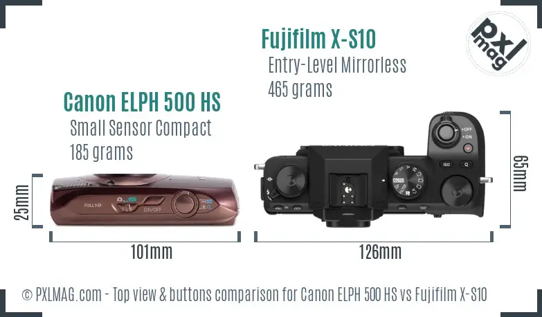 Canon ELPH 500 HS vs Fujifilm X-S10 top view buttons comparison