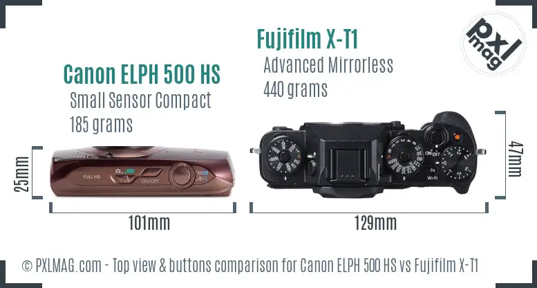 Canon ELPH 500 HS vs Fujifilm X-T1 top view buttons comparison