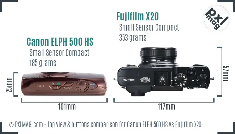 Canon ELPH 500 HS vs Fujifilm X20 top view buttons comparison