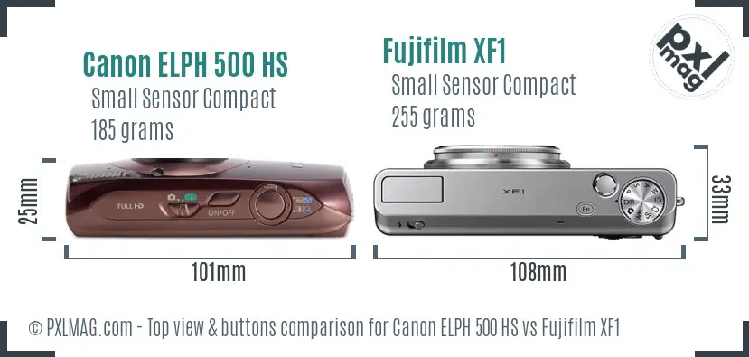 Canon ELPH 500 HS vs Fujifilm XF1 top view buttons comparison
