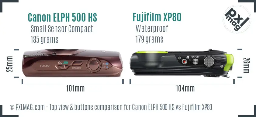 Canon ELPH 500 HS vs Fujifilm XP80 top view buttons comparison