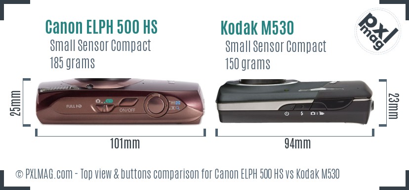 Canon ELPH 500 HS vs Kodak M530 top view buttons comparison