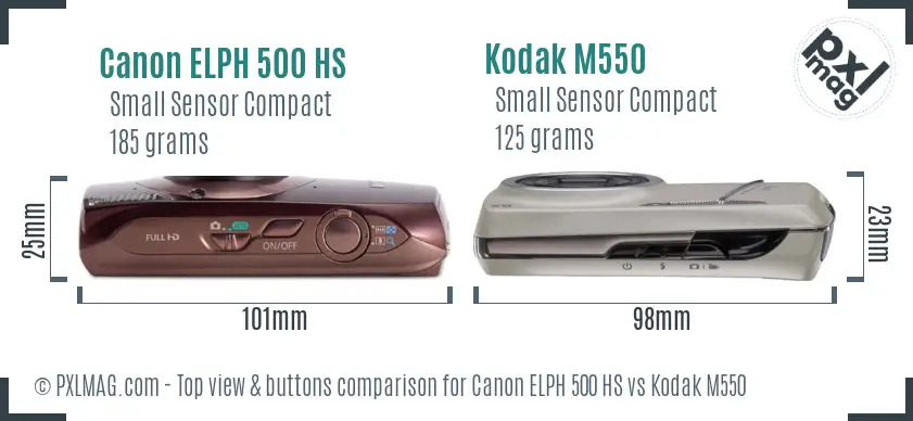 Canon ELPH 500 HS vs Kodak M550 top view buttons comparison