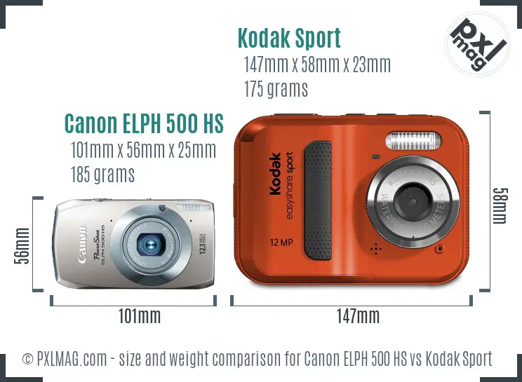 Canon ELPH 500 HS vs Kodak Sport size comparison