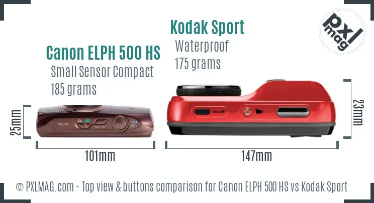 Canon ELPH 500 HS vs Kodak Sport top view buttons comparison
